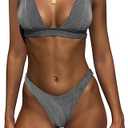 Bathing Suits for Women Deep V Neck Sexy Two Piece Bikini Sets for Women Thong Halter Cheeky Swimsuit, Black Stripe, S