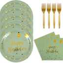 48PCS Happy Birthday Plates and Napkins Party Supplies, Sage Green and Gold Disposable Paper Plates and Napkins with Forks Tableware Set for Birthday Party Decorations 16 Guests (Sage Green)