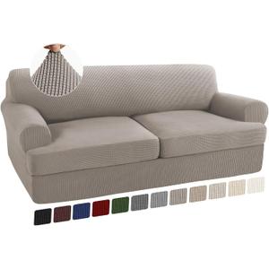 Turquoize 3 Piece T Cushion Sofa Slipcovers Sofa Cover for T Cushion Sofa Couches Stretch Couch Cover Furniture Covers with 2 Individual T Cushion Covers, Machine Washable (2 Cushion Sofa, Taupe)