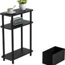 Narrow Side Table with Fabric Basket, 7" Wide, 3 Tier Skinny End Table with Wood Legs, Slim Nightstand/Bedside Table for Small Spaces, with Adjustable Feet, 15.7" L x 23" H