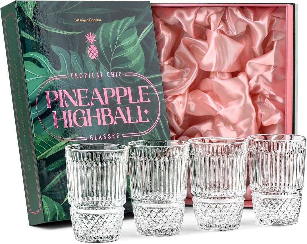 GLASSIQUE CADEAU Vintage Pineapple Gin and Rum Highball Cocktail Glasses | Set of 4 | 12 oz Tall Heavy Crystal Tumblers for Drinking Long Bar Drinks | Tropical Glassware Collection