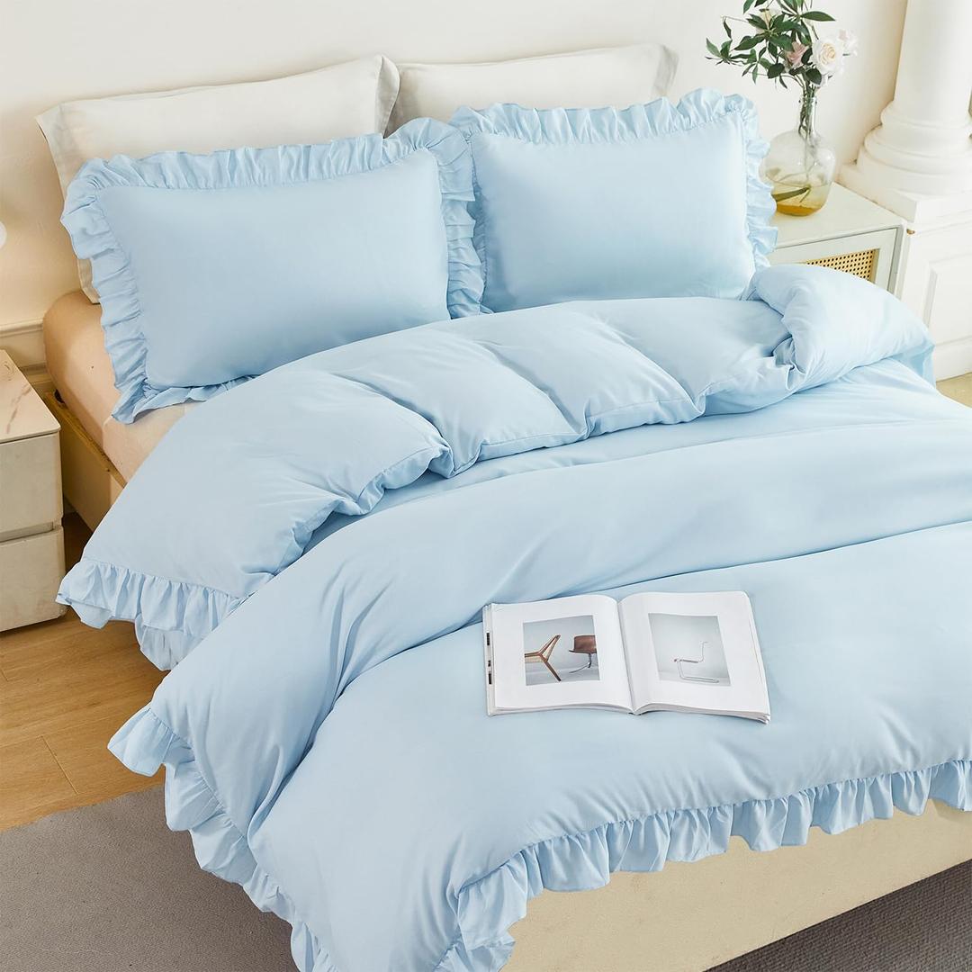 Twin Size Duvet Cover Set Light Blue Ruffle Comforter Covet Set for Girls Kids Teens 3 Pieces Soft Microfiber Bedding Set All Seasons(Light Blue, Twin)