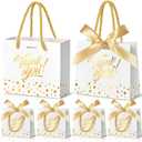 EQOREIIN Small Thank You Gift Bags 50pcs 5.5x2.5x4.7 Inches Small Gift Bags with Handles Bow Ribbon White Paper Bags for Party Favor, Mother's DayValentine's Day, Wedding, Baby Shower (White)