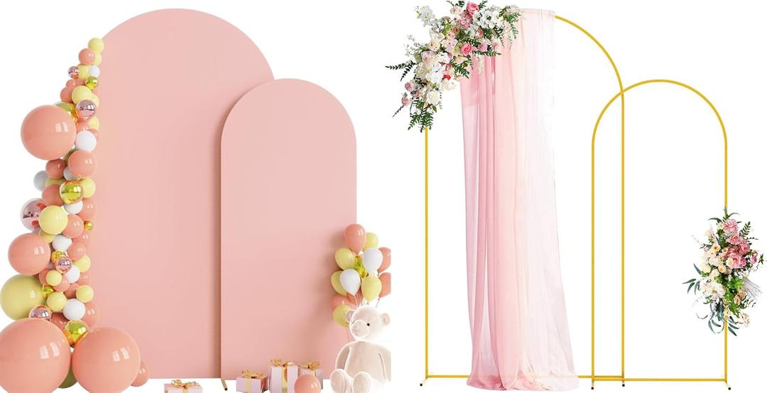 Wokceer Wedding Arch Backdrop Stand and Cover Set of 2 Metal Arch Stand with Arch Cover Pale Pink 7.2FT, 6FT for Birthday Party Wedding Ceremony Bridal Baby Shower Event Decor
