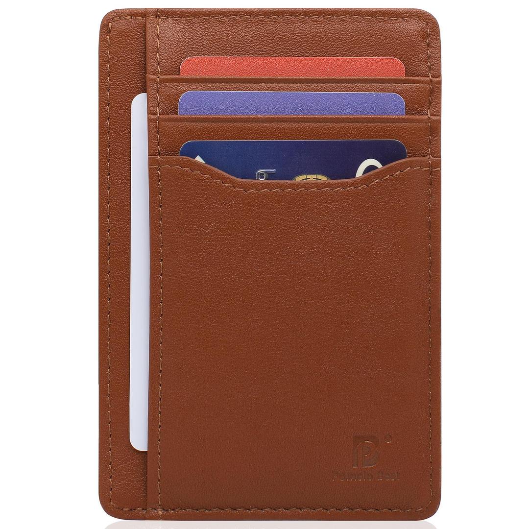 2 x Pomelo Best Top Grain Genuine Leather Slim Wallet for Men and Women, Minimalist Front Pocket RFID Blocking Card Holder for Travel, Gifts, Daily Use Brown