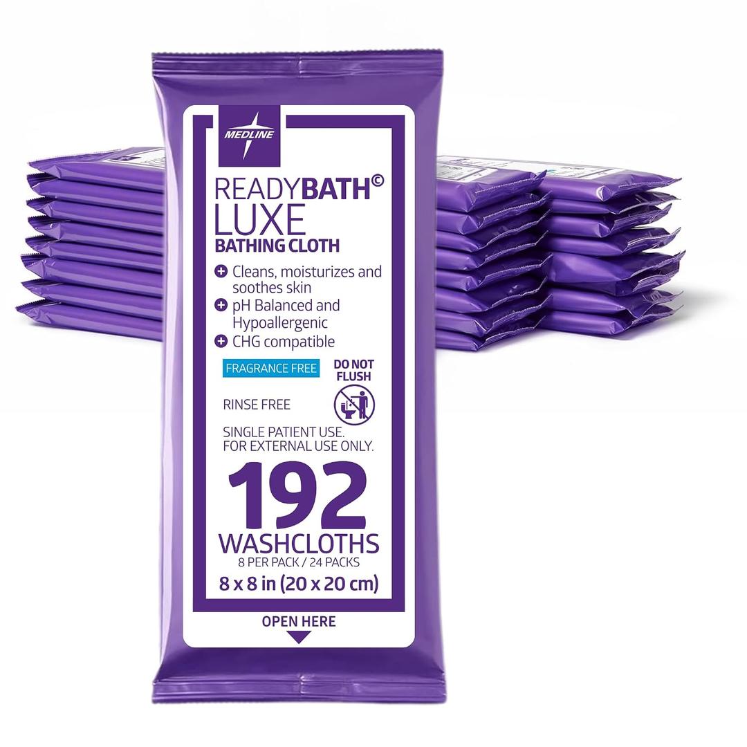 Medline ReadyBath LUXE Extra Thick Adult Bath Wipes, 192 Wipes (8 Wipes, 24 Packs), Unscented, No Rinse Formula with Aloe, Shower Wipes for Sensitive Skin, Hypoallergenic Body Wash Wipes, 8 x 8 Inch
