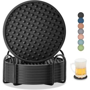 Coasters for Drinks, Silicone Coasters Set of 8 with Metal Holder, Outdoor Coaster for Coffee Table, Non-Slip Rubber Table Cup Mat Desk, Heat Resistant & Scratch-Proof (Black)