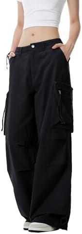 WZIKAI Women's Parachute Cargo Pants Y2K Baggy Cargo Pants Wide Leg Casual Joggers with Pockets S