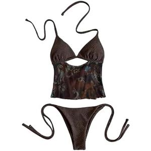 SHENHE Women's 2Pcs String Bikini Set Triangle Halter Patchwork Floral Print Lace Up Swimsuits Small