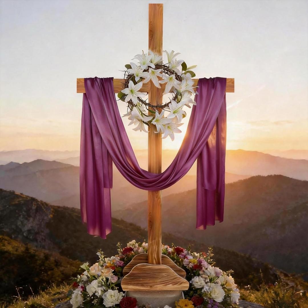 59 Inch Extra Large Easter Wood Cross Decoration Standing Cross with Purple Ribbon Thorn Crown Lily Vine Jesus Christian Religious He Is Risen Outdoor Decor for Yard Communion Church Wedding Party