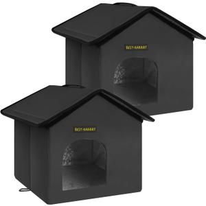 Rest-Eazzzy Cat House for Outdoor Cats, Weatherproof and Insulated Feral Cat House with Mat and Clip, Easy to Put Together, Selfwarming Cat Shelter for Winter, Never Blow Away (Black, House X 2)