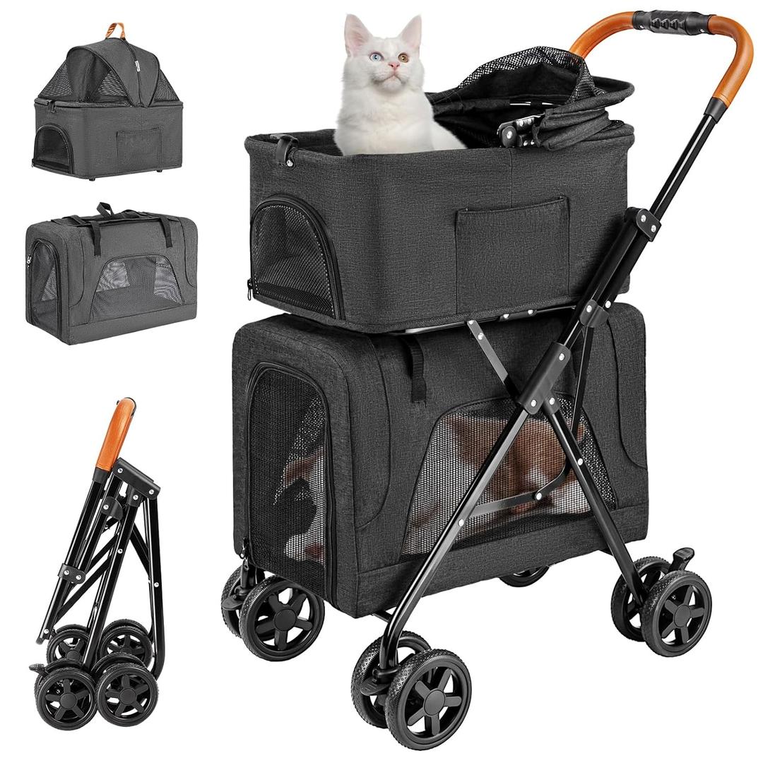 Double Pet Stroller with Detachable Carrier for Medium Small Dogs and Cats, Lightweight Dog Stroller Travel Carriage with No-Zip Canopy Storage Basket One-Click Folding and One-Foot Brake, Black 