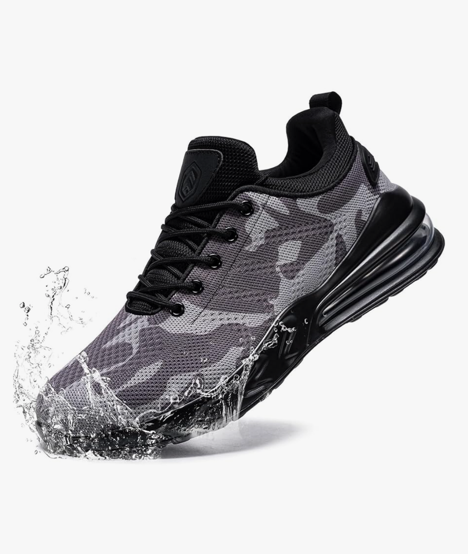 LARNMERN Men Non Slip Work Shoes Water Resistant Food Service Sneakers Zapatos Trabajo Antideslizantes Walking Waterproof Shoes Slip-on, Gray Camo 10 Size