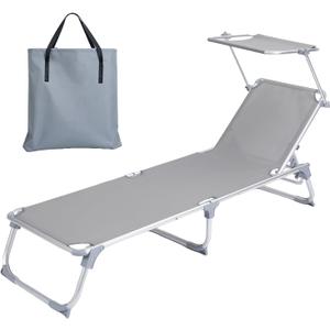 Outdoor Lounge Chair, Adjustable Backrest Folding Chaise Lounge with Canopy, Heavy Duty 264 lbs Capacity Sun Lounger for Beach, Poolside, Patio, Backyard, Camping