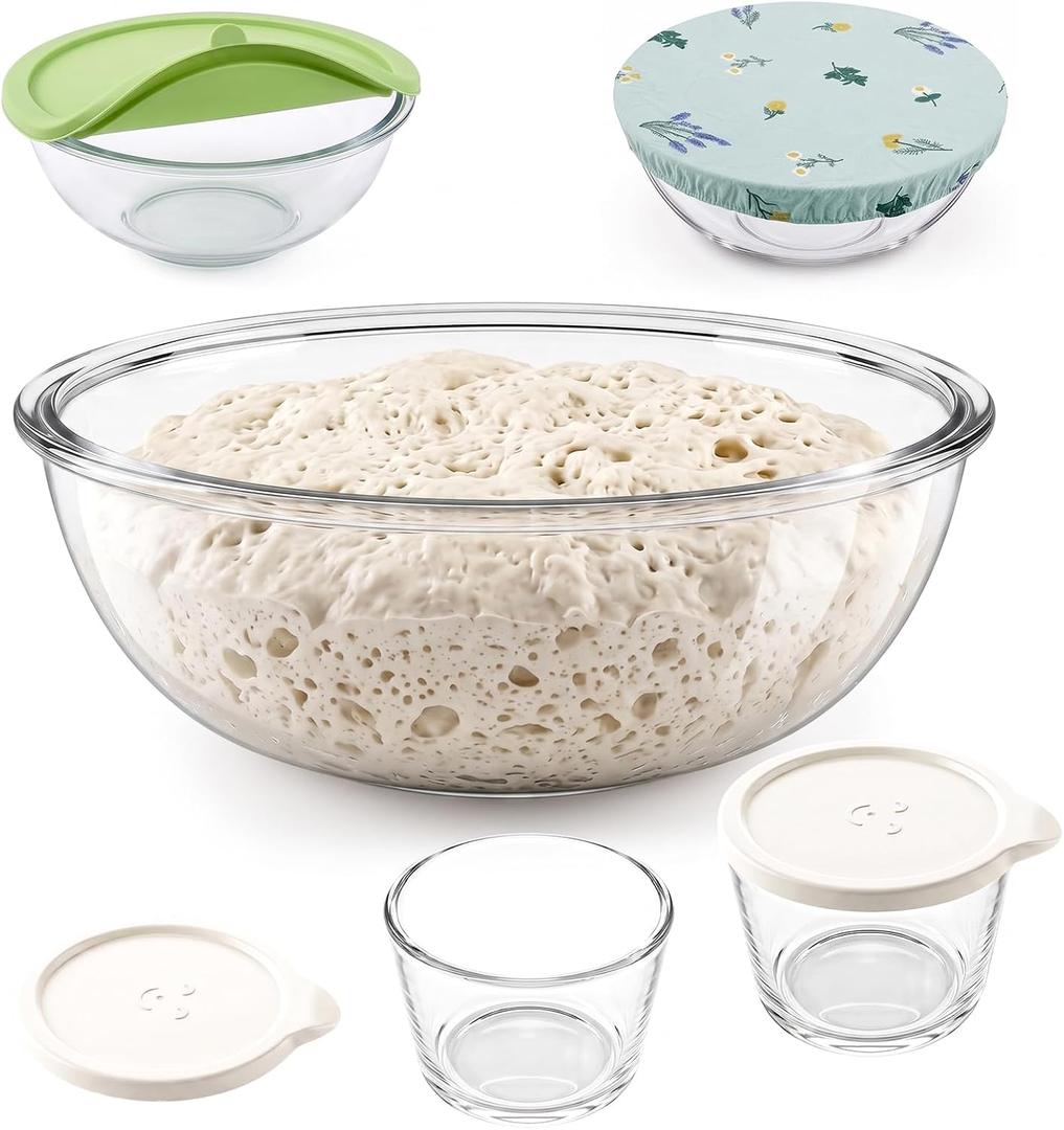 Physkoa 6.3 Qt Glass Sourdough Bowl Kit & 2 Pack 8oz Prep Bowls with Lid, Complete All-in-One Kitchen Prep Set