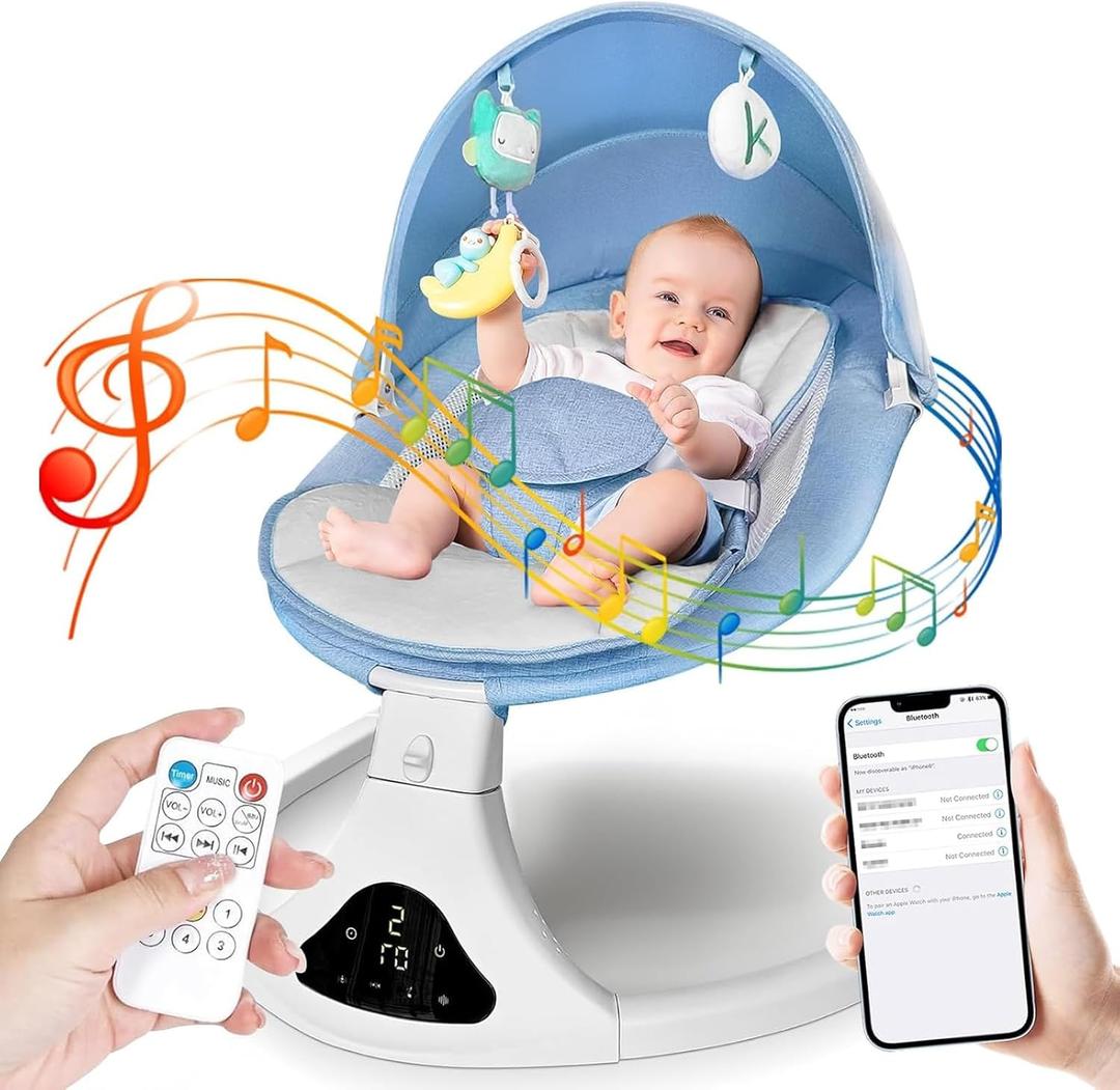 Smart Bluetooth Baby Swing with Remote Control - 5 Speed Gentle Sway | Portable Infant Swing with Machine-Washable Seat (0-12M, 6-20lbs)
