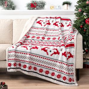 PAVILIA Red White Snowflake Reindeer Christmas Sherpa Throw Blanket, Soft Reversible Fleece Sherpa 50x60 Winter Blanket for Couch & Bed, Christmas Decor