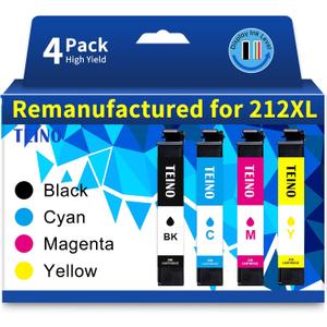 TEINO Remanufactured Ink Cartridge Replacement for Epson 212 T212 212XL Ink Cartridges for Epson Printer XP-4100 XP-4105 WF-2830 WF-2850 (Black Cyan Magenta Yellow, 4-Pack)