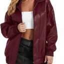 Women's Oversized Leather Jacket, Casual Soft Faux Leather Zip Motorcycle Coat With Pocket 2025 Fall Fashion (Wine Red, XL)