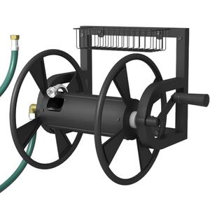 Artigarden Garden Wall Mounted Hose Reel, Outdoor Heavy-Duty Water Hose Holder Winder, Holds 125 Feet of 5/8-Inch Hose, with 3.9 ft Leader Hose, Brass Fitting and Storage Basket for Yard, Black