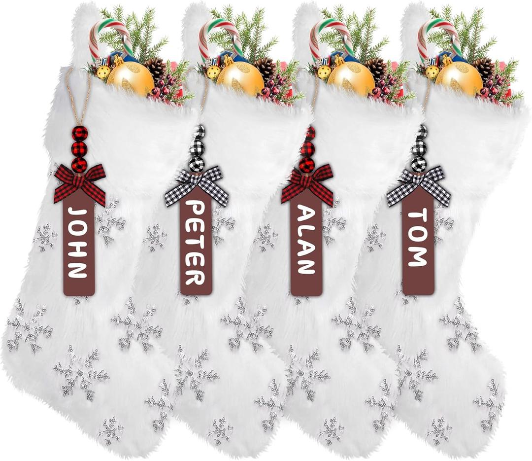 XIMISHOP 4PCS White Christmas Stockings, Large Xmas Glitter Snowflake Plush Hanging Stocking Decoration with Name Tags for Christmas Holiday Family Party Decorations (Silver)