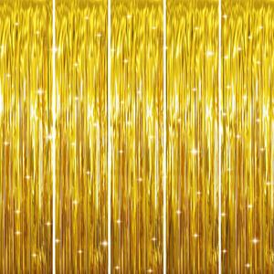 GOER 3.2 ft x 9.8 ft Metallic Tinsel Foil Fringe Curtains Party Photo Backdrop Party Streamers for Birthday,Graduation,New Year Eve Decorations Wedding Decor (Gold,5 Pcs)