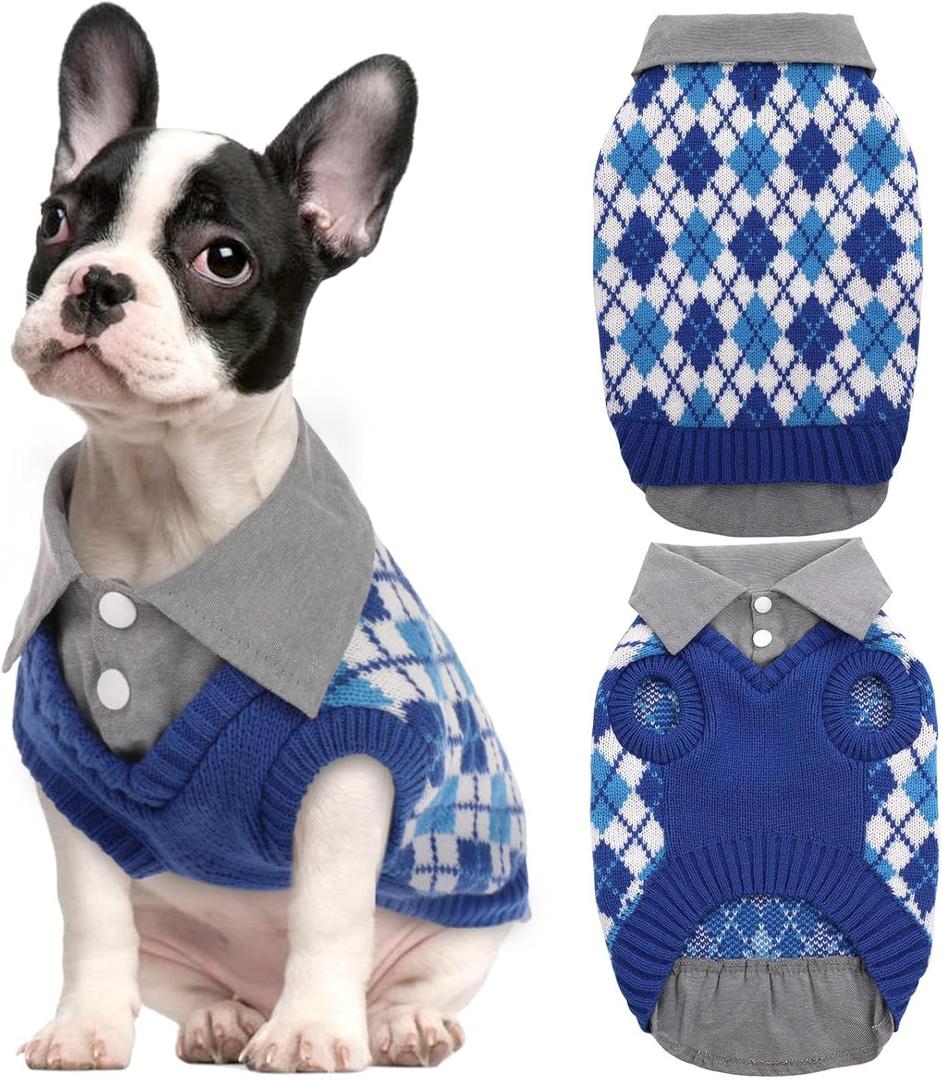 Kuoser Dog Sweater Plaid Dog Sweaters with Harness Hole, Polo Design Puppy Knitwear Fall Winter Sweater for Small Dogs, Pet Cold Weather Clothes Warm Doggie Pullover Sweatshirt, Blue S (Small (pack of 1))