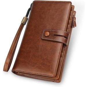 FT FUNTOR Women's Big Fat RFID Blocking Wallet Leather Zip Around Clutch Large Phone Organizer Wristlet (1-brown)