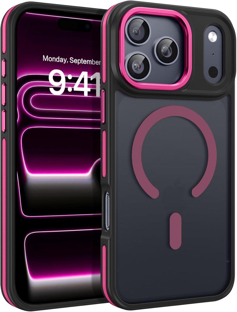 BENTOBEN Magnetic for iPhone 17 Pro Max Case 2025 [Compatible with Magsafe] [Military-Grade Protection] Matte Women Men Anti-Slip Shockproof Bumper Phone Cases for 17 Pro Max 6.9", Hot Pink/Black