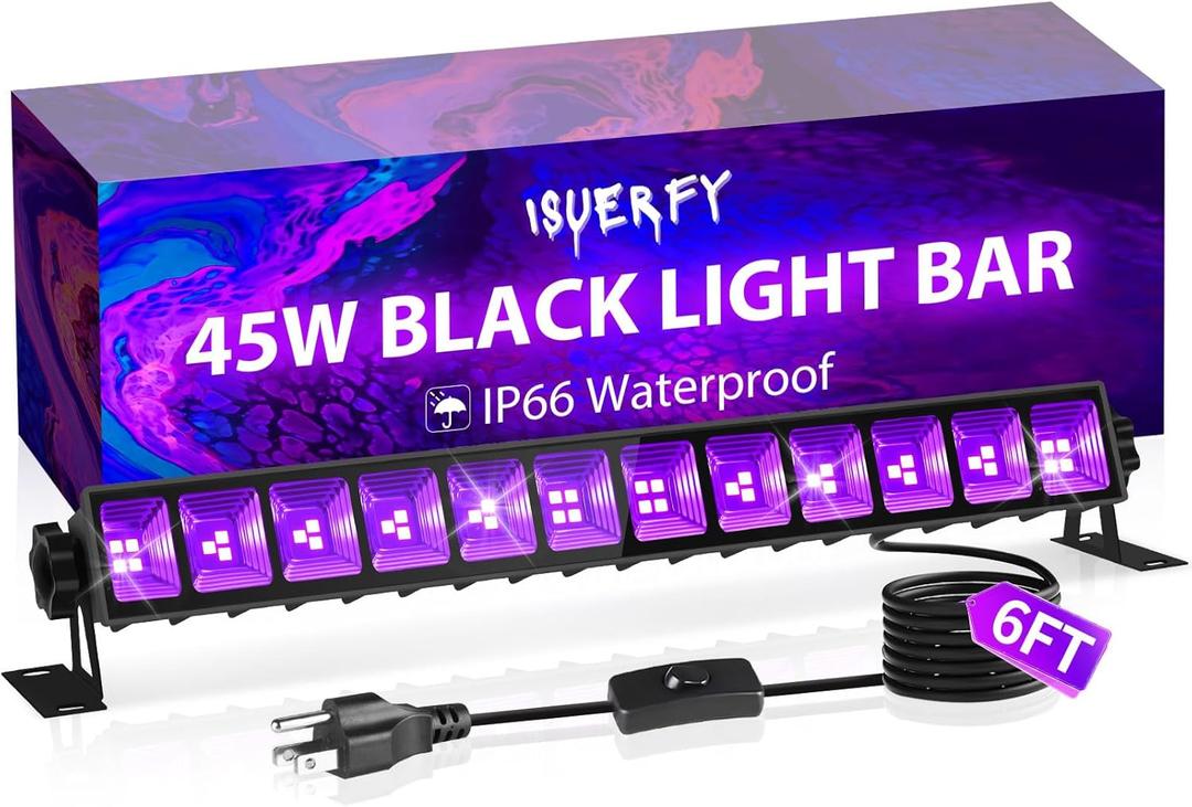 45W Black Light Bar IP66 Waterproof, LED Blacklight Bar with 6ft Cord+Switch+Plug, Light Up 25x25ft Area, Outdoor Black Lights for Glow Party Body Paint Fluorescent Poster Classroom Bedroom Halloween