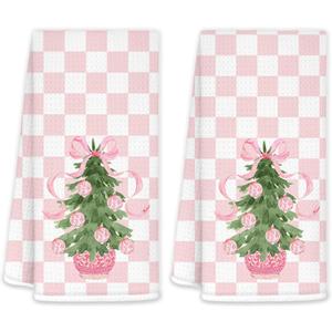 JINYO Pink Chinoiserie Christmas Kitchen Towels Set of 2, Coquette Pink Bow Preppy Christmas Tree Decorative Hand Towels for Bathroom Kitchen, Grandmillennial Checkered Xmas Dish Tea Towel, 16x24 Inch
