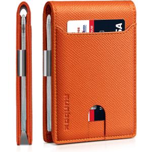 RUNBOX Slim Wallets for Men - Leather Money Clip Mens Wallet - RFID Blocking Front Pocket Bifold Wallet - Thin Credit Card Holder with Gift Box (palm grain orange)