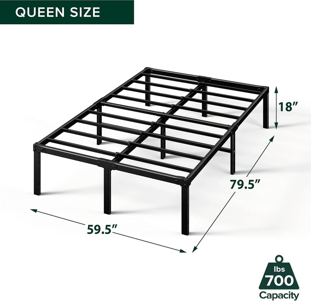 18 Inch Queen Metal Platform Bed Frame, Steel Slat Support, No Box Spring Needed, Eco Friendly Packaging, Easy Assembly, Black
