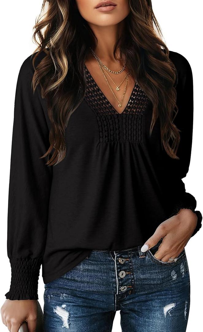 Dokotoo Women's Casual V Neck Long Sleeve Shirts Loose Tunic Tops Business Tee Blouses (X-Large, Black)