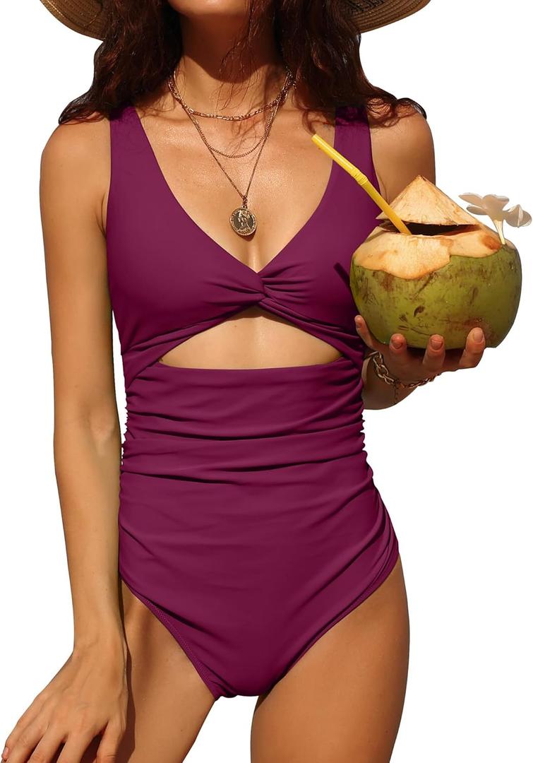 Charmo Womens One Piece Swimsuit Ruched Tummy Control High Cut Backless V Neck Bathing Suits Swimwear (X-Large, 3c# Fuchsia)