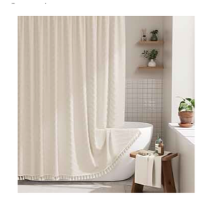 AmazerBath Boho Farmhouse Shower Curtain with Tassels, Beige Shower Curtain Set Fabric, Soft Cloth Chevron Rustic Shower Curtain with Hooks, Hotel Quality, 72x72 Inches