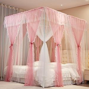 AIOOO 4 Corners Post Princess Curtains Bed Canopy for Girls 8 Panels Curtain- Double Layer Sheer Mesh Canopies Drapes Girls Room Decor (8P-Pink/White, 4P(33"x82") W+4P(43"x82") L/(Queen))