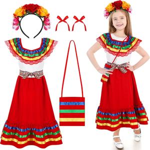 6 Pcs Mexican Dress for Girls Traditional Cinco De Mayo Dress with Flower Headpiece Fiesta Dress Costume (for 4 Years)