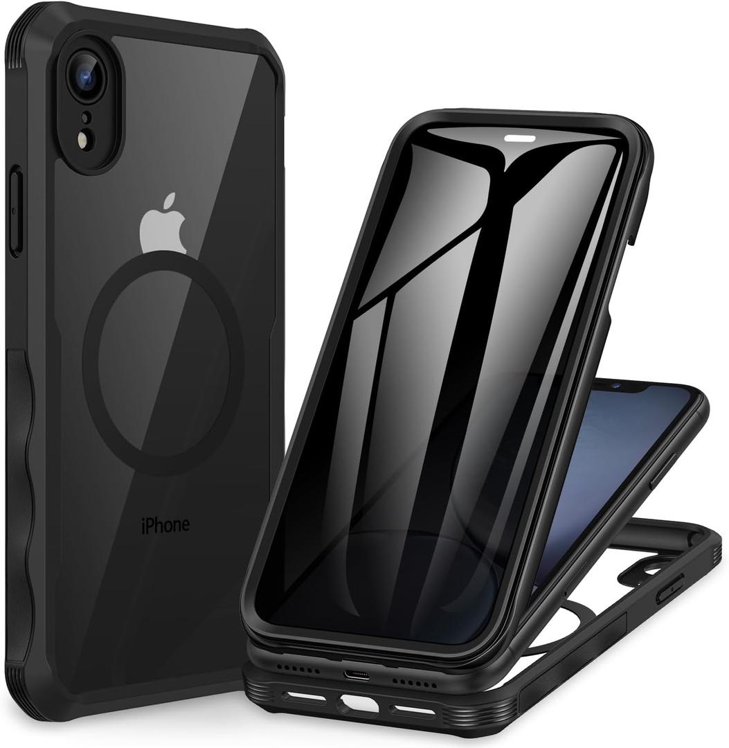 CENHUFO Privacy Magnetic for iPhone XR Case, Full Body Phone Case Built-in 9H Tempered Glass Privacy Screen Protector [Compatible with Magsafe] Shockproof Protective Bumper Clear Cover - Black
