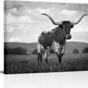Visual Art Decor Longhorn Cow Pictures Black and White Cow Painting Canvas Wall Art Framed Artwork for Home Decor 24inchx32inch