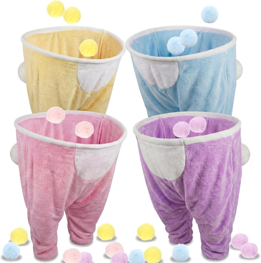 Cuffbow 4 Pcs Easter Bunny Granny Pants Outdoor Game Giant Pants with 40 Pom Balls Outdoor Tossing Catching Game for Easter Party Family Reunion Spring Team Building Church Events 14+