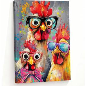 ZQQART Rooster Canvas Wall Art Funny Chicken Portrait Picture Prints Rustic Animal Painting Artwork Farmhouse Kitchen Decor Framed(Yellow,16.00" x 24.00")
