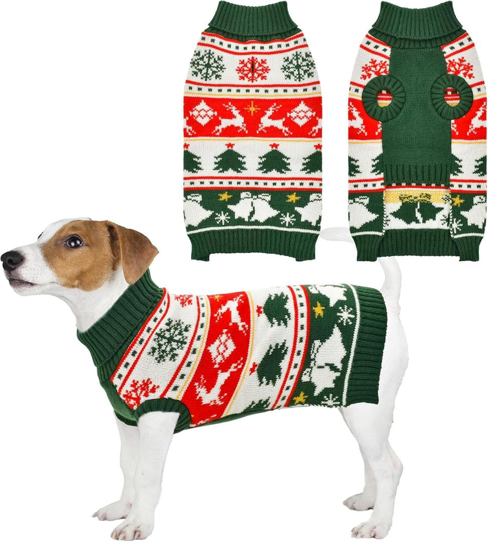 Vehomy Dog Christmas Sweater Warm Pet Xmas Turtleneck Sweater with Snowflakes Reindeers Bells Dog Christmas Knitwear Knitted Shirt Pullover Clothes for Medium Large Dogs M