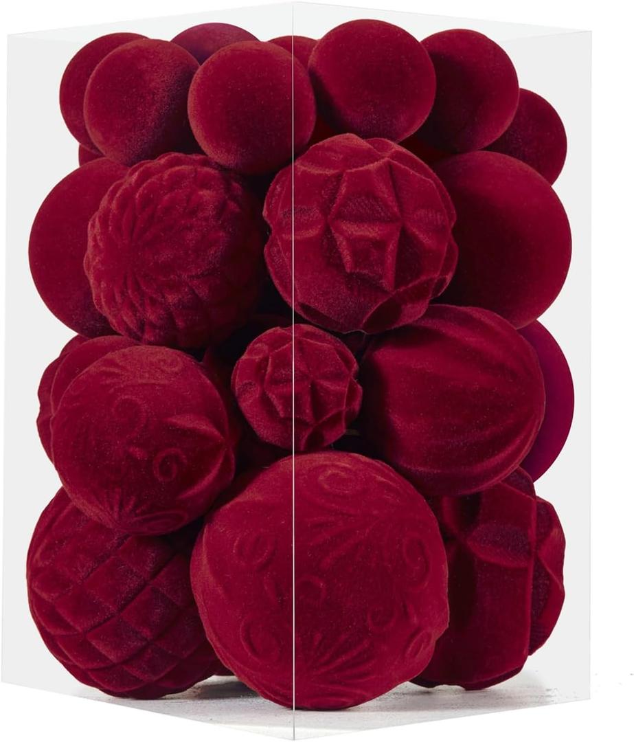 Velvet Ornaments for Christmas Tree, 36Pcs Flocked Ornaments Ball for Christmas Tree Decorations, Velet Christmas Ornaments Set Decorative Hanging Ornaments(Burgundy)