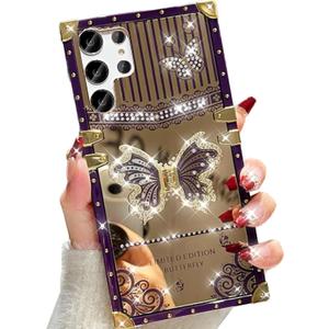 Changjia for Samsung Galaxy S25 Ultra Glitter Kickstand Case, Cute Luxury Bling Sparkly Diamond Butterfly Foldable Stand Elegant Mirror Shockproof Women Girl Protective Case for Galaxy S25 Ultra, Purple