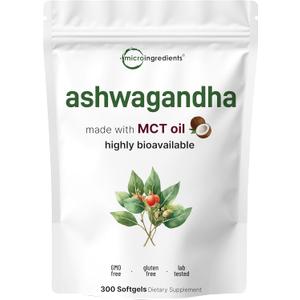 Micro Ingredients Ashwagandha Supplements | 300 Coconut MCT Oil Softgels with Black Pepper for Better Absorption | Potent Root Extract | Non-GMO