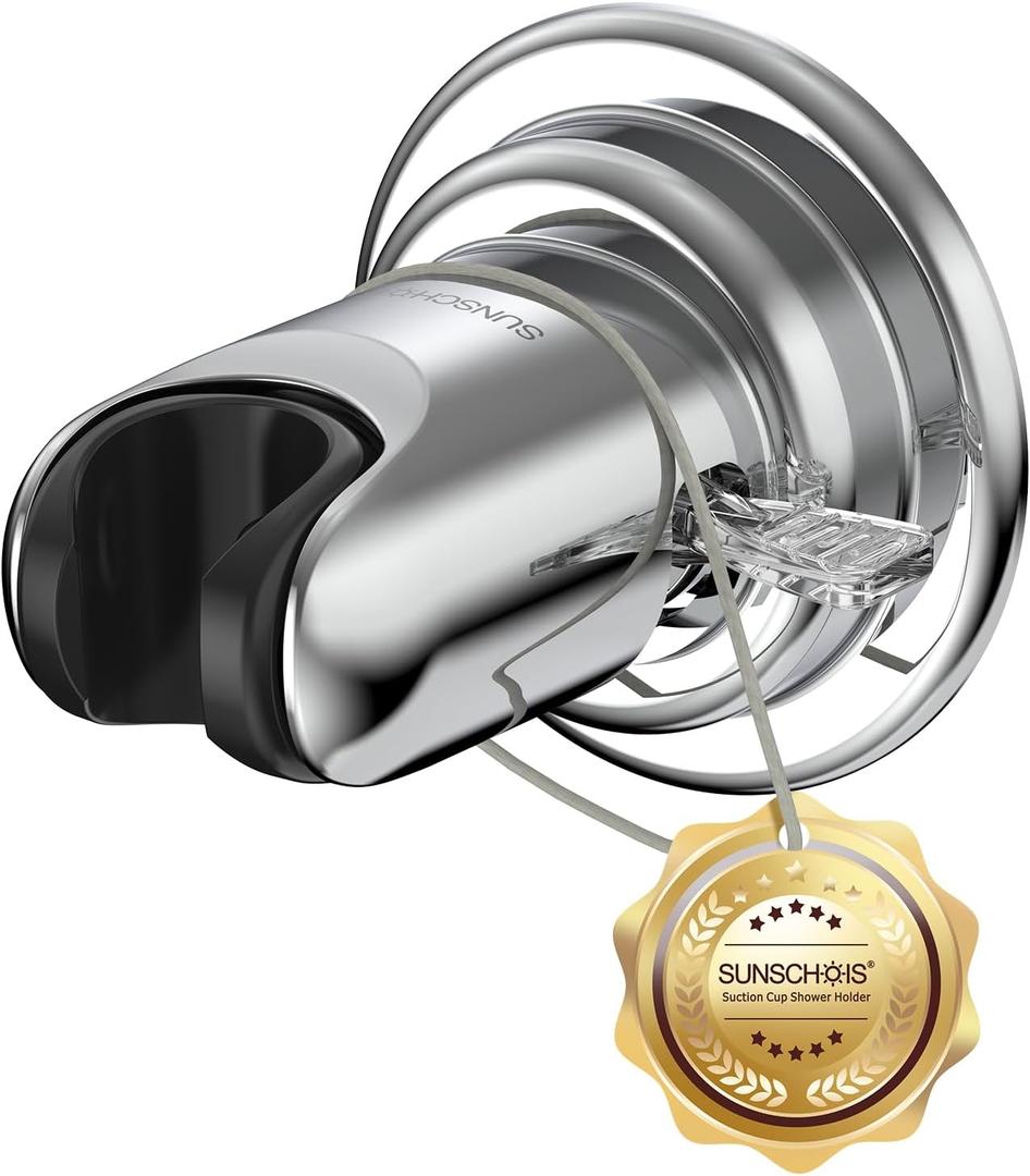 Shower Head Holder with Strong Suction , Adjustable No Drill Showerhead Bracket with Powerful Suction Cup, Tool Free Handheld Shower Holder for Wall Tile Glass, No Residue, for Adults Elderly Kids (Chrome)