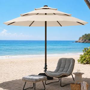 10ft Patio Umbrella, 3-Tier Vented Outdoor Table Umbrella with 8 Sturdy Fiberglass Ribs, Windproof Market Umbrella with Push Button Tilt and Crank, UV Protection for Deck, Pool, Creamy White