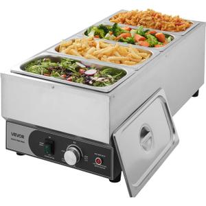 VEVOR Commercial Food Warmer, 1500W Electric Stainless Steel Steam Food Warmer, Fast Heating Countertop Buffet Bain Marie with Four 1/3 Size Food Pans, for Catering, Restaurants, Parties & Buffets
