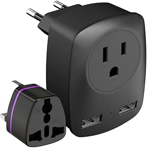 European Travel Plug Adapter for Europe & UK, American to Ireland Italy France Spain Greece Germany Israel Travel Essentials, International Power Outlet USB Charger, US to EU UK Travel Accessories